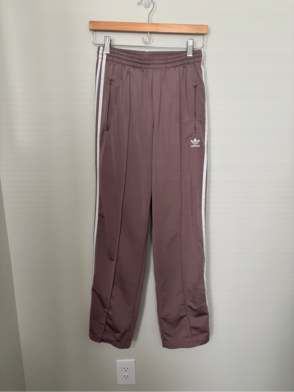 Adidas Size S - Mauve Track Pants with White Side Stripes - Waist 13” Inseam 32”